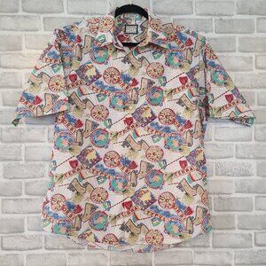 VTG Windsor Shirt Company Mens Large All Over Art Print Travel Cotton Hong Kong